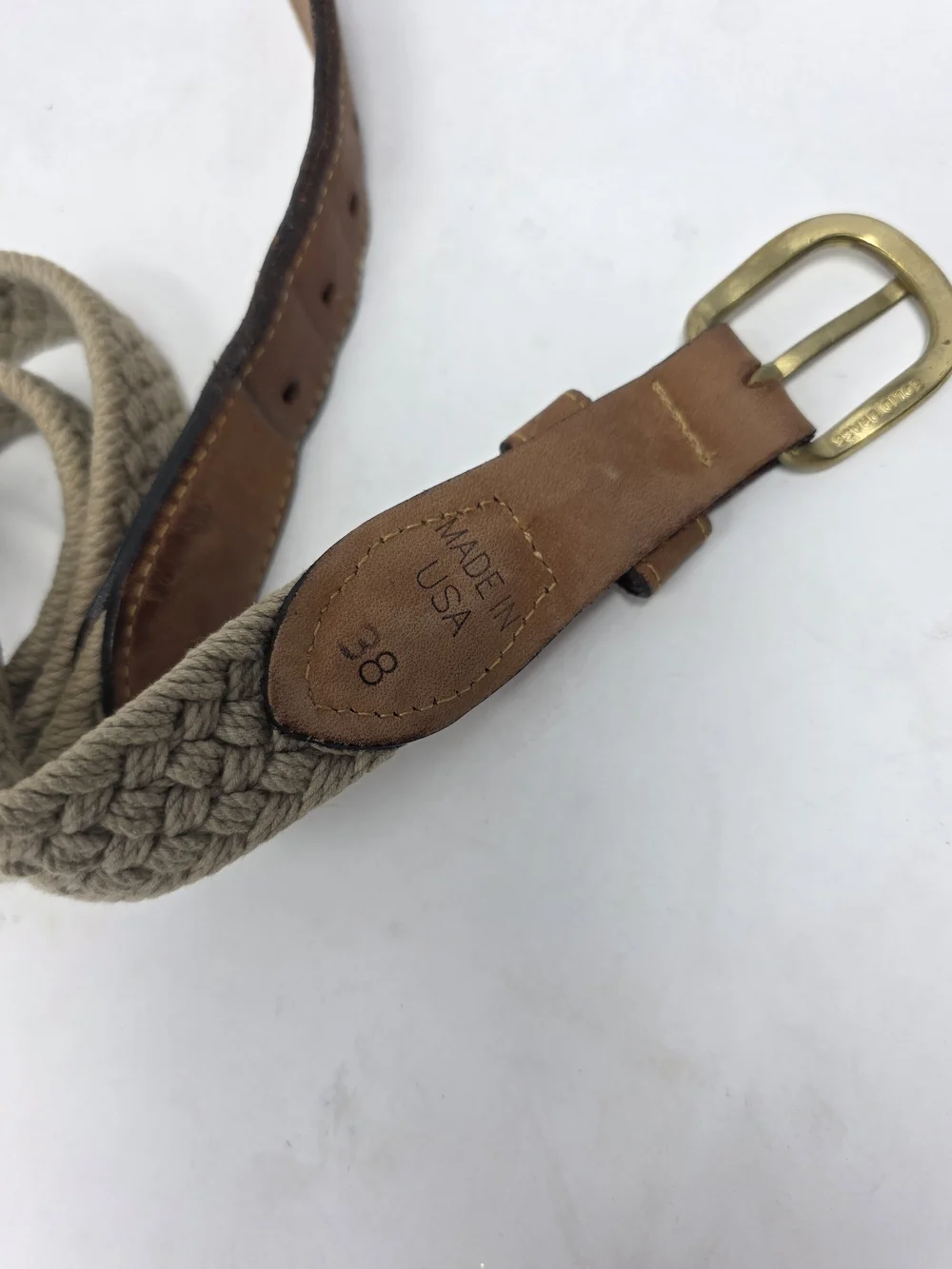 Men’s Zep-Pro braided woven belt with tan/khaki textile body, leather trim, and